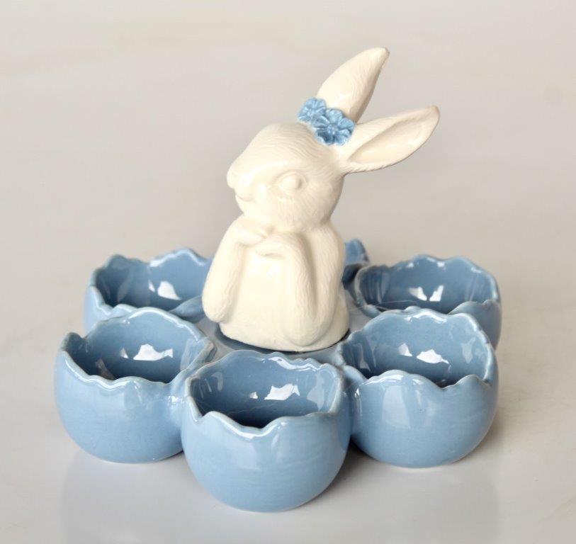 Blue & White Ceramic Egg Tray With Bunny